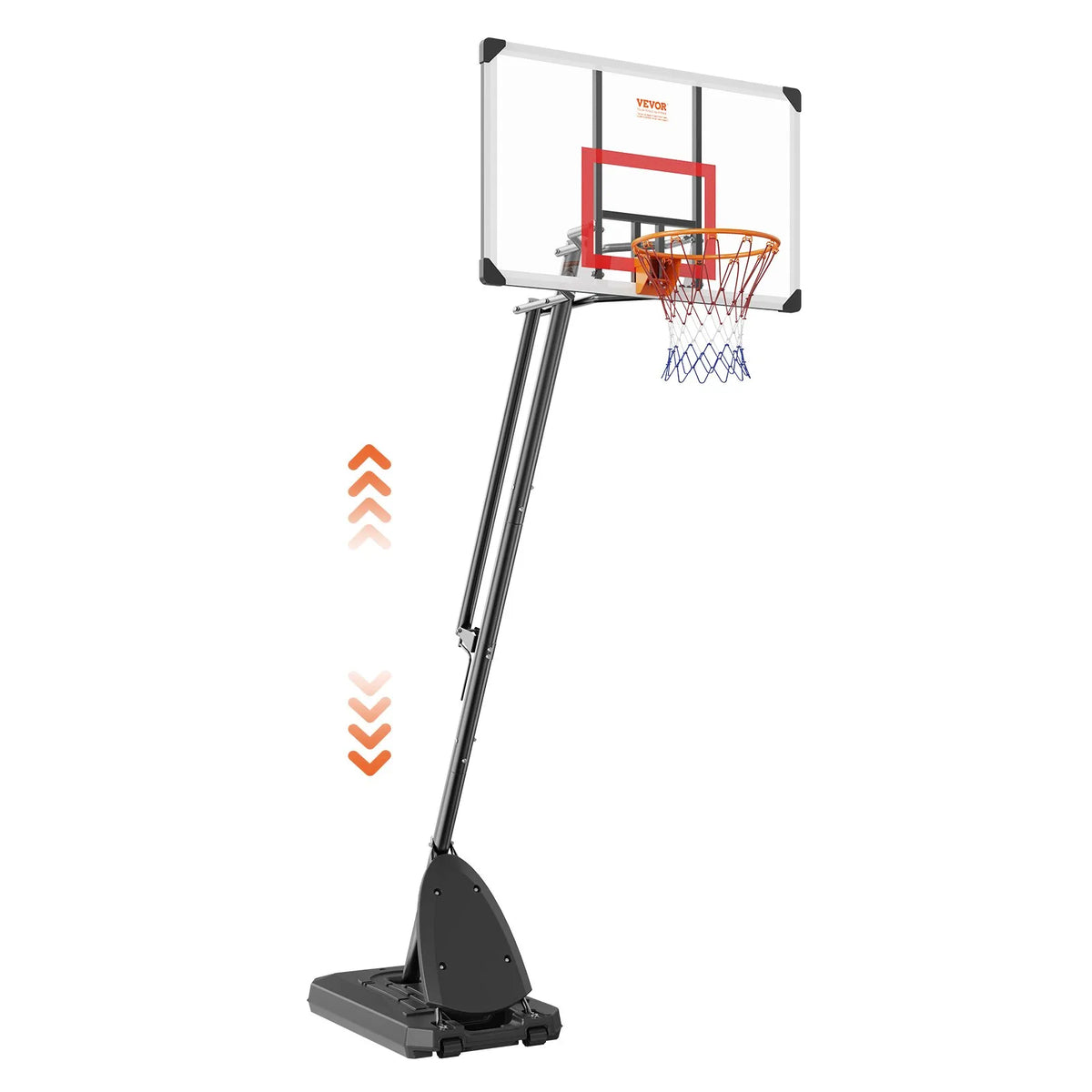 VEVOR basketbola grozs ar regulējamu augstumu 2,31–3,05 m, pārnēsājama sistēma ar 127 cm aizmugures vairogu, grozs ar statīvu, riteņiem un uzpildāmu pamatni, piemērots bērniem un pieaugušajiem, lietošanai telpās un ārā
