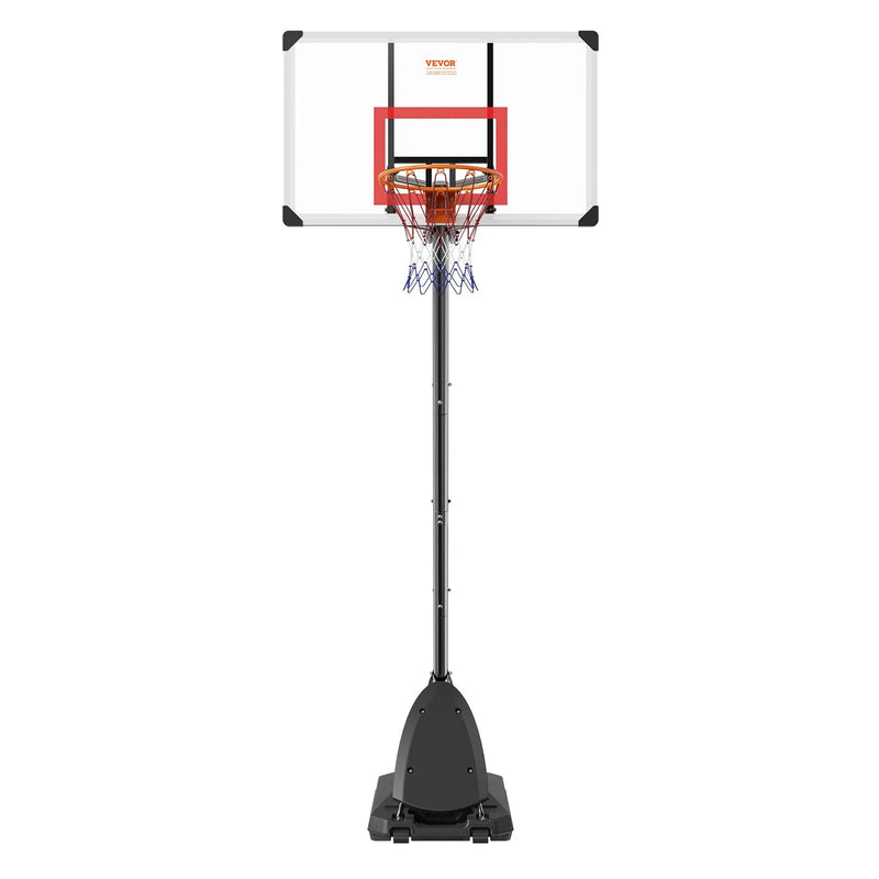 VEVOR basketbola grozs ar regulējamu augstumu 2,31–3,05 m, pārnēsājama sistēma ar 127 cm aizmugures vairogu, grozs ar statīvu, riteņiem un uzpildāmu pamatni, piemērots bērniem un pieaugušajiem, lietošanai telpās un ārā