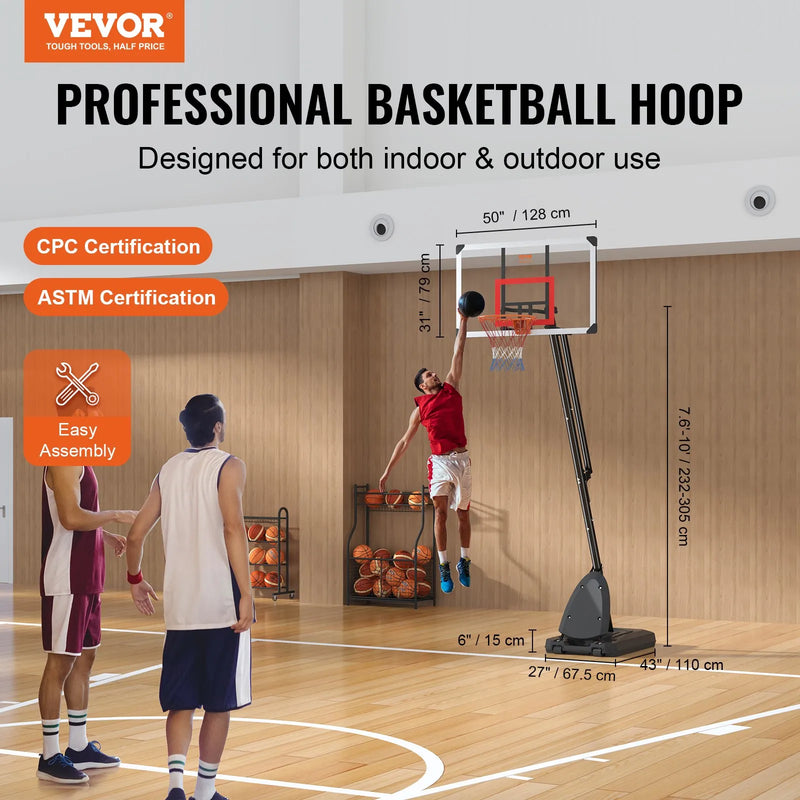 VEVOR basketbola grozs ar regulējamu augstumu 2,31–3,05 m, pārnēsājama sistēma ar 127 cm aizmugures vairogu, grozs ar statīvu, riteņiem un uzpildāmu pamatni, piemērots bērniem un pieaugušajiem, lietošanai telpās un ārā