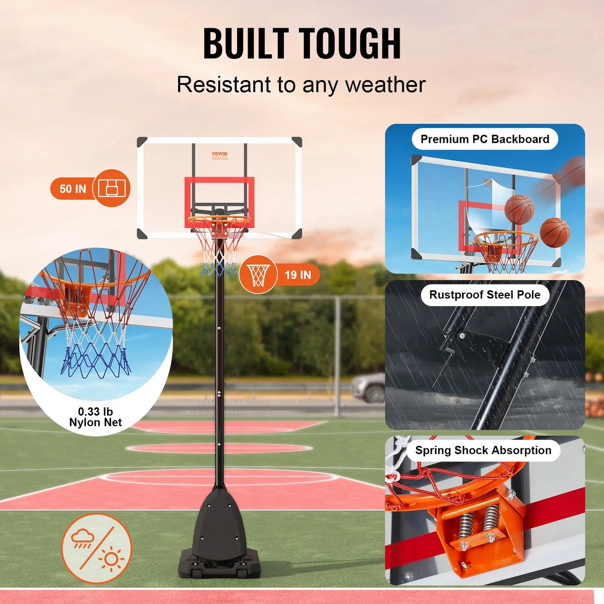 VEVOR basketbola grozs ar regulējamu augstumu 2,31–3,05 m, pārnēsājama sistēma ar 127 cm aizmugures vairogu, grozs ar statīvu, riteņiem un uzpildāmu pamatni, piemērots bērniem un pieaugušajiem, lietošanai telpās un ārā