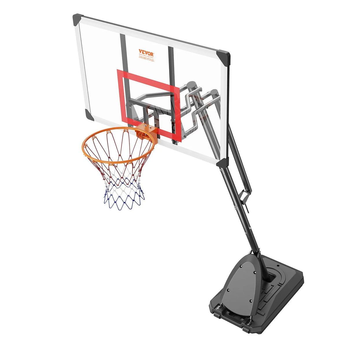 VEVOR basketbola grozs ar regulējamu augstumu 2,31–3,05 m, pārnēsājama sistēma ar 127 cm aizmugures vairogu, grozs ar statīvu, riteņiem un uzpildāmu pamatni, piemērots bērniem un pieaugušajiem, lietošanai telpās un ārā