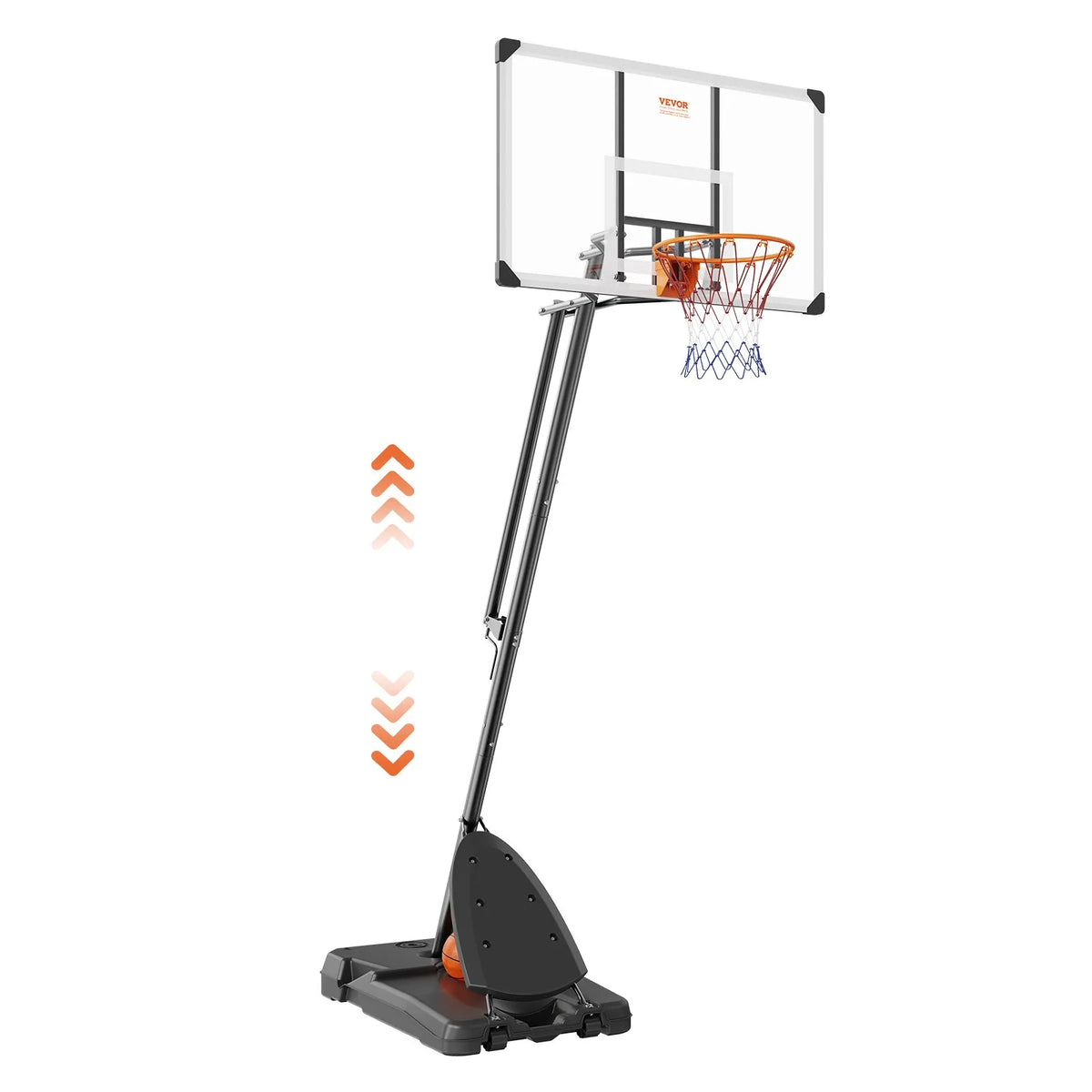 VEVOR basketbola grozs ar regulējamu augstumu 2,31–3,05 m, pārnēsājama sistēma ar 137 cm aizmugures vairogu, grozs ar statīvu, riteņiem un uzpildāmu pamatni, piemērots bērniem un pieaugušajiem, lietošanai telpās un ārā