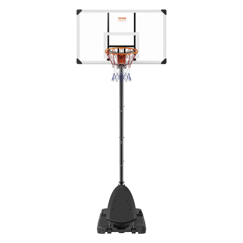 VEVOR basketbola grozs ar regulējamu augstumu 2,31–3,05 m, pārnēsājama sistēma ar 137 cm aizmugures vairogu, grozs ar statīvu, riteņiem un uzpildāmu pamatni, piemērots bērniem un pieaugušajiem, lietošanai telpās un ārā