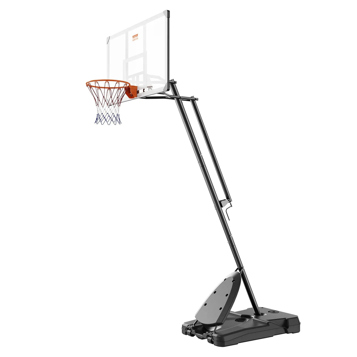 VEVOR basketbola grozs ar regulējamu augstumu 2,31–3,05 m, pārnēsājama sistēma ar 137 cm aizmugures vairogu, grozs ar statīvu, riteņiem un uzpildāmu pamatni, piemērots bērniem un pieaugušajiem, lietošanai telpās un ārā