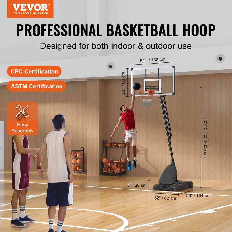 VEVOR basketbola grozs ar regulējamu augstumu 2,31–3,05 m, pārnēsājama sistēma ar 137 cm aizmugures vairogu, grozs ar statīvu, riteņiem un uzpildāmu pamatni, piemērots bērniem un pieaugušajiem, lietošanai telpās un ārā