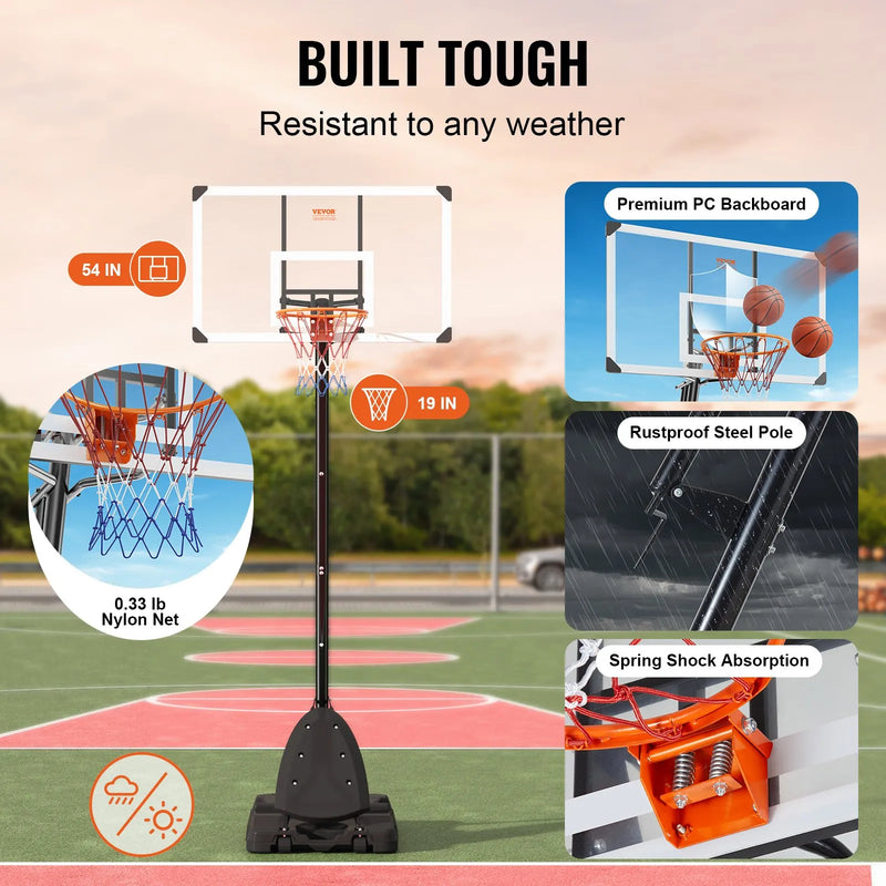 VEVOR basketbola grozs ar regulējamu augstumu 2,31–3,05 m, pārnēsājama sistēma ar 137 cm aizmugures vairogu, grozs ar statīvu, riteņiem un uzpildāmu pamatni, piemērots bērniem un pieaugušajiem, lietošanai telpās un ārā
