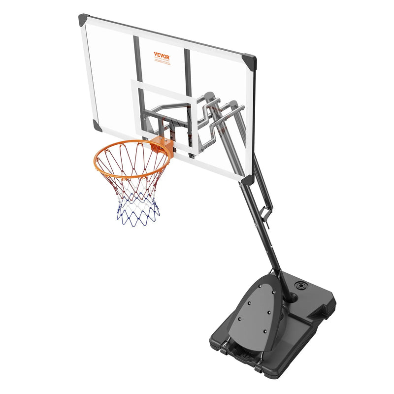VEVOR basketbola grozs ar regulējamu augstumu 2,31–3,05 m, pārnēsājama sistēma ar 137 cm aizmugures vairogu, grozs ar statīvu, riteņiem un uzpildāmu pamatni, piemērots bērniem un pieaugušajiem, lietošanai telpās un ārā