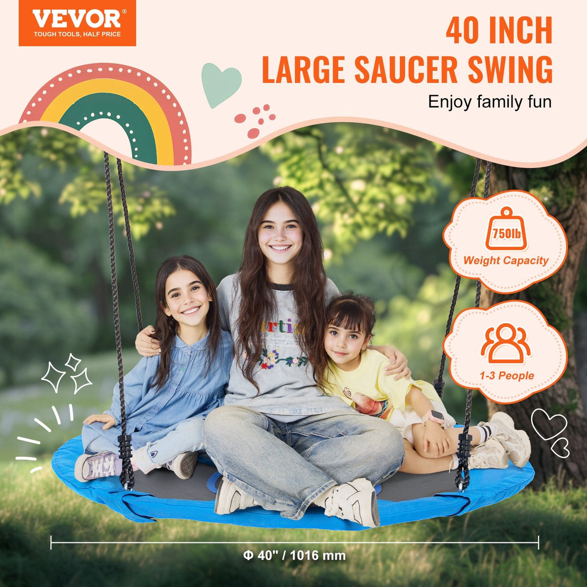 VEVOR 102 cm apaļās šūpoles bērniem, celtspēja 340 kg, 900D zils oksforda audums