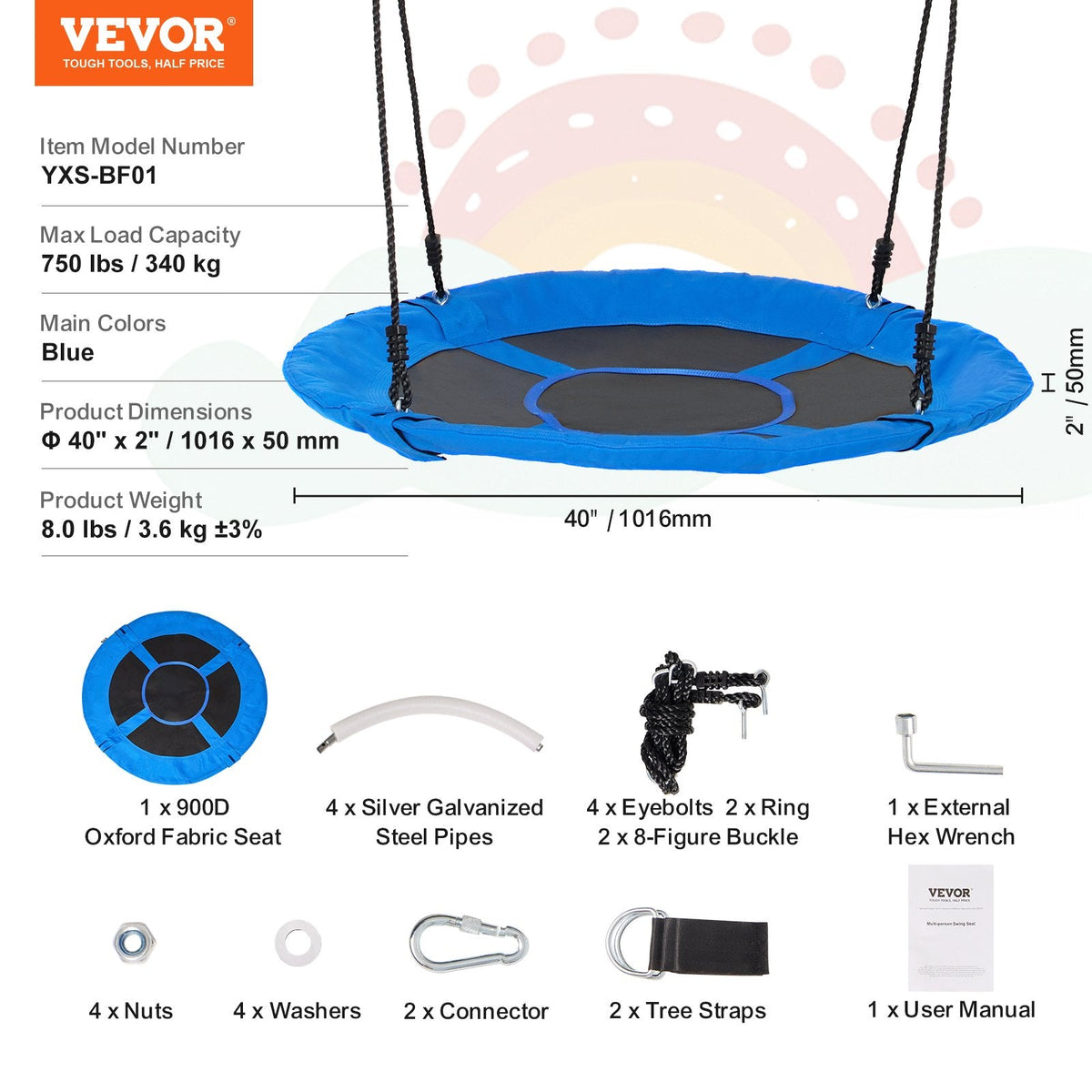 VEVOR 102 cm apaļās šūpoles bērniem, celtspēja 340 kg, 900D zils oksforda audums