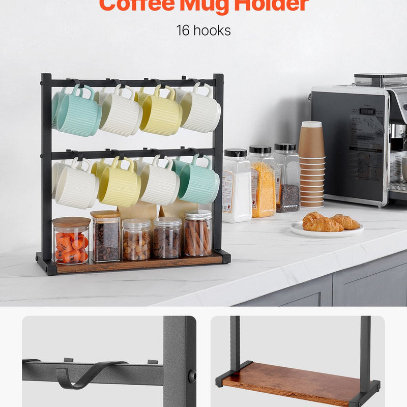 VEVOR Krūžu turētājs ar 16 āķiem un koka uzglabāšanas bāzi