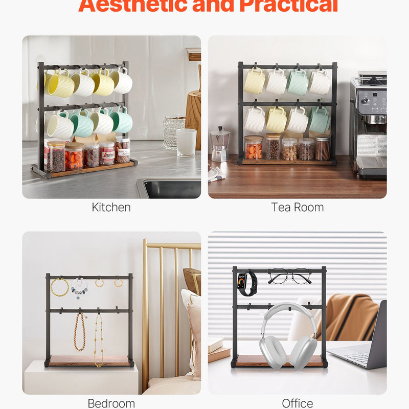 VEVOR Krūžu turētājs ar 16 āķiem un koka uzglabāšanas bāzi