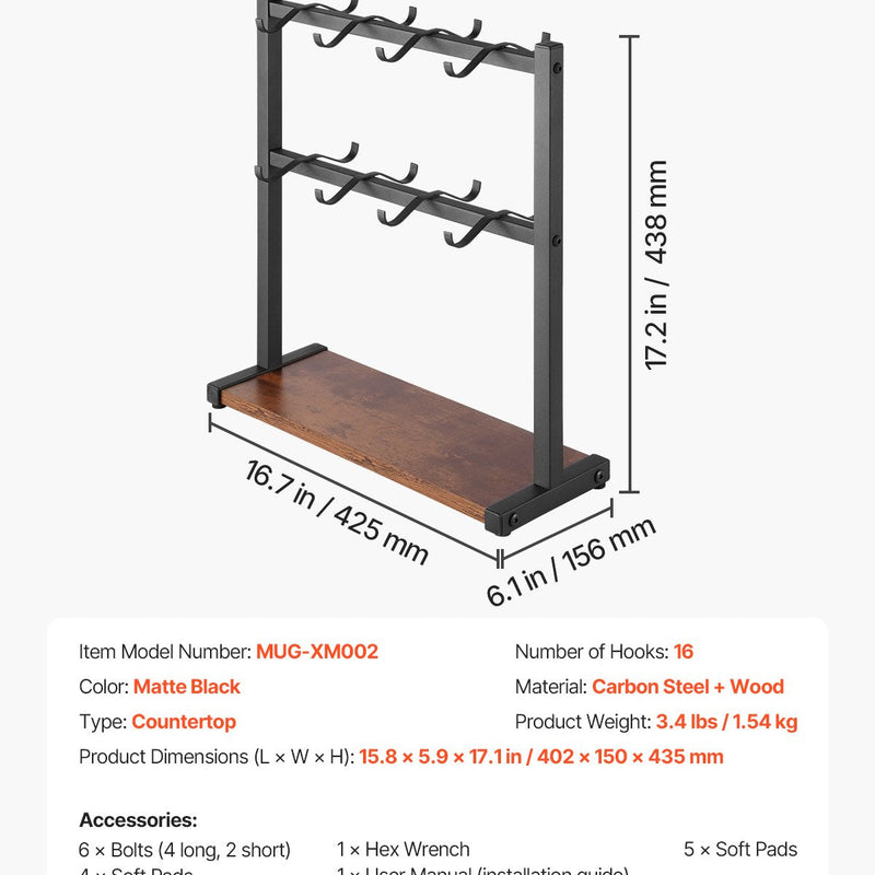 VEVOR Krūžu turētājs ar 16 āķiem un koka uzglabāšanas bāzi