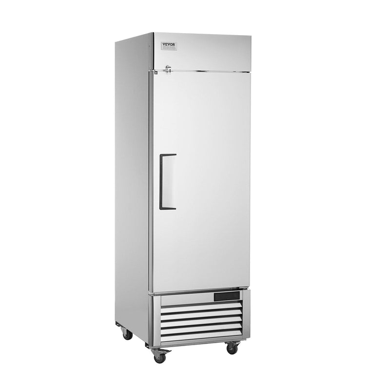 VEVOR komerciālais ledusskapis 570 litri, vertikāls, vienas durvis, automātiska izsaldēšana, nerūsējošā tērauda, 3 plaukti, temperatūras kontrole -2°C līdz 8°C, 4 riteņi