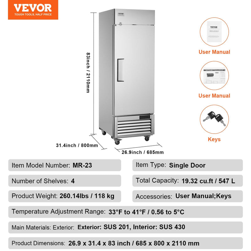 VEVOR komerciālais ledusskapis 570 litri, vertikāls, vienas durvis, automātiska izsaldēšana, nerūsējošā tērauda, 3 plaukti, temperatūras kontrole -2°C līdz 8°C, 4 riteņi