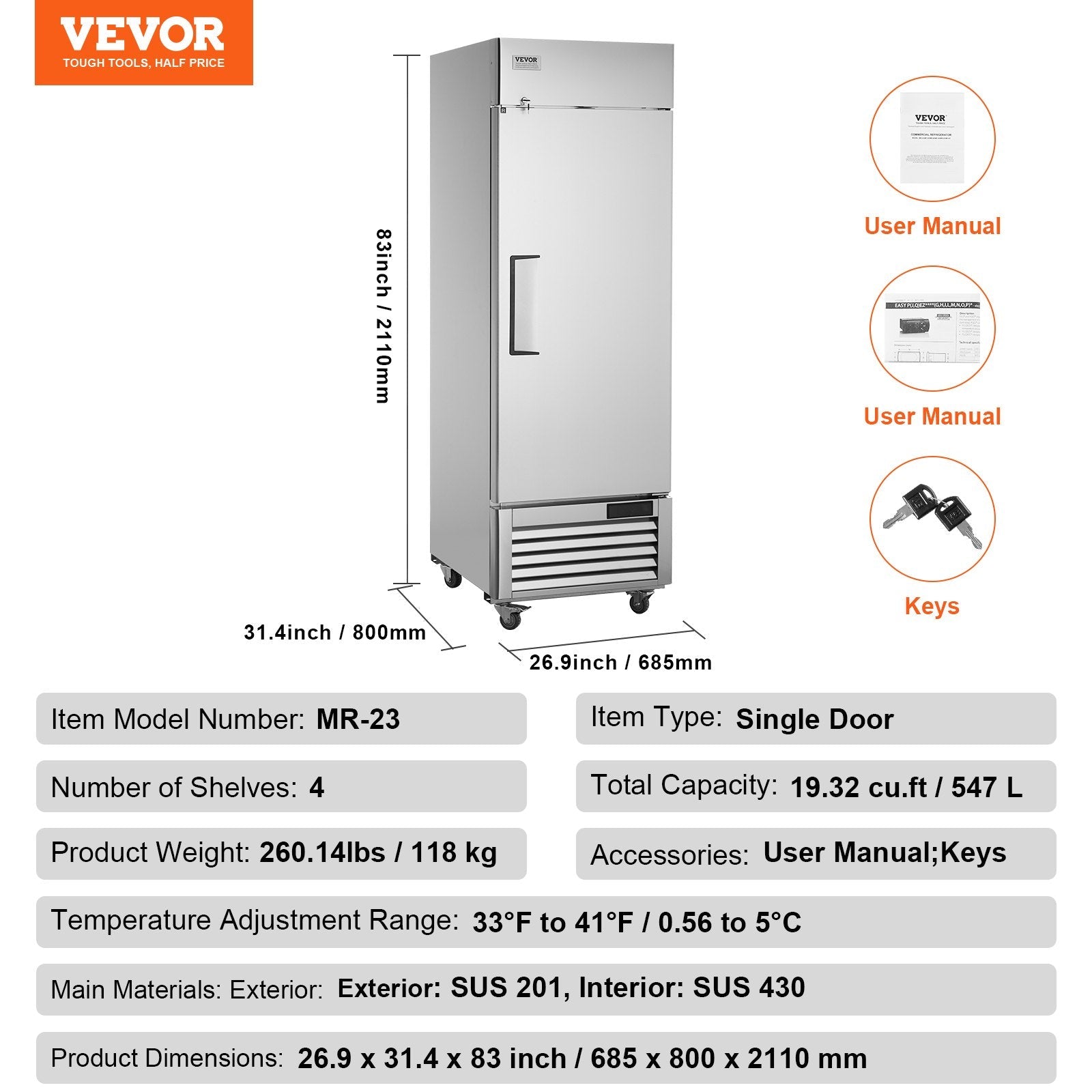 VEVOR komerciālais ledusskapis 570 litri, vertikāls, vienas durvis, automātiska izsaldēšana, nerūsējošā tērauda, 3 plaukti, temperatūras kontrole -2°C līdz 8°C, 4 riteņi