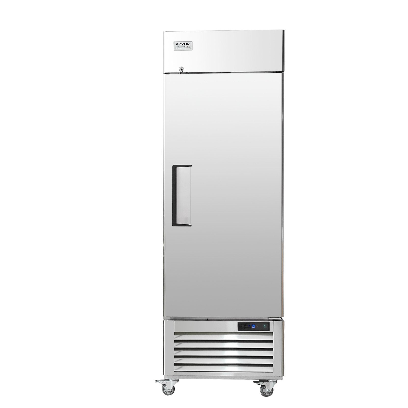 VEVOR komerciālais ledusskapis 570 litri, vertikāls, vienas durvis, automātiska izsaldēšana, nerūsējošā tērauda, 3 plaukti, temperatūras kontrole -2°C līdz 8°C, 4 riteņi