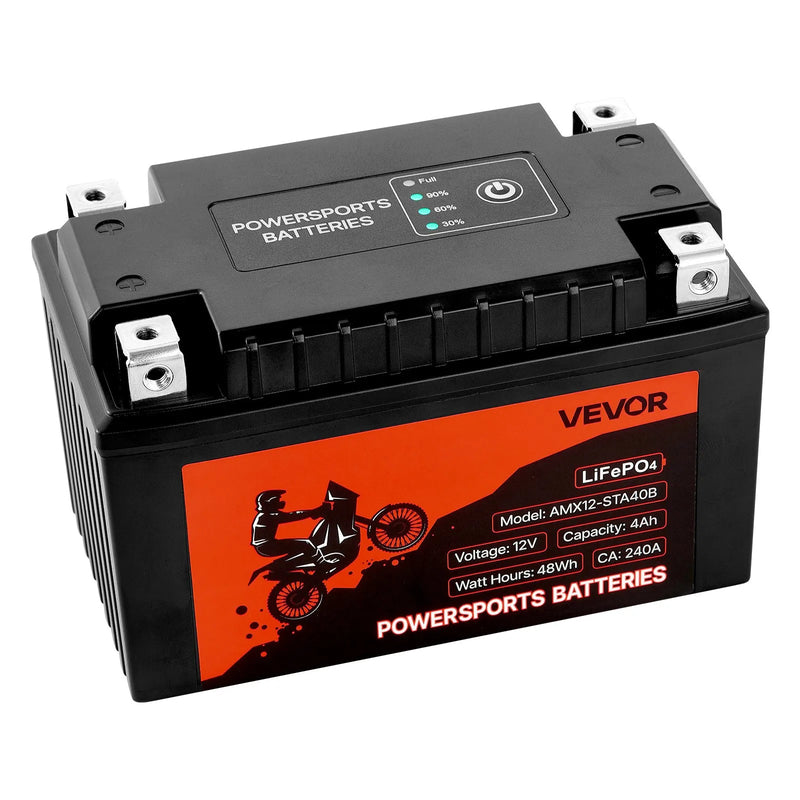 VEVOR motocikla akumulators 12 V 4 Ah LiFePO4 litija, iepriekš uzlādēts, bezapkopes, augstas veiktspējas, piemērots ATV, motocikliem, ūdens motocikliem, skūteriem, UTV un citiem transportlīdzekļiem