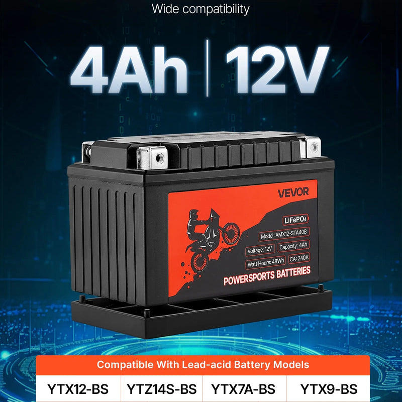 VEVOR motocikla akumulators 12 V 4 Ah LiFePO4 litija, iepriekš uzlādēts, bezapkopes, augstas veiktspējas, piemērots ATV, motocikliem, ūdens motocikliem, skūteriem, UTV un citiem transportlīdzekļiem