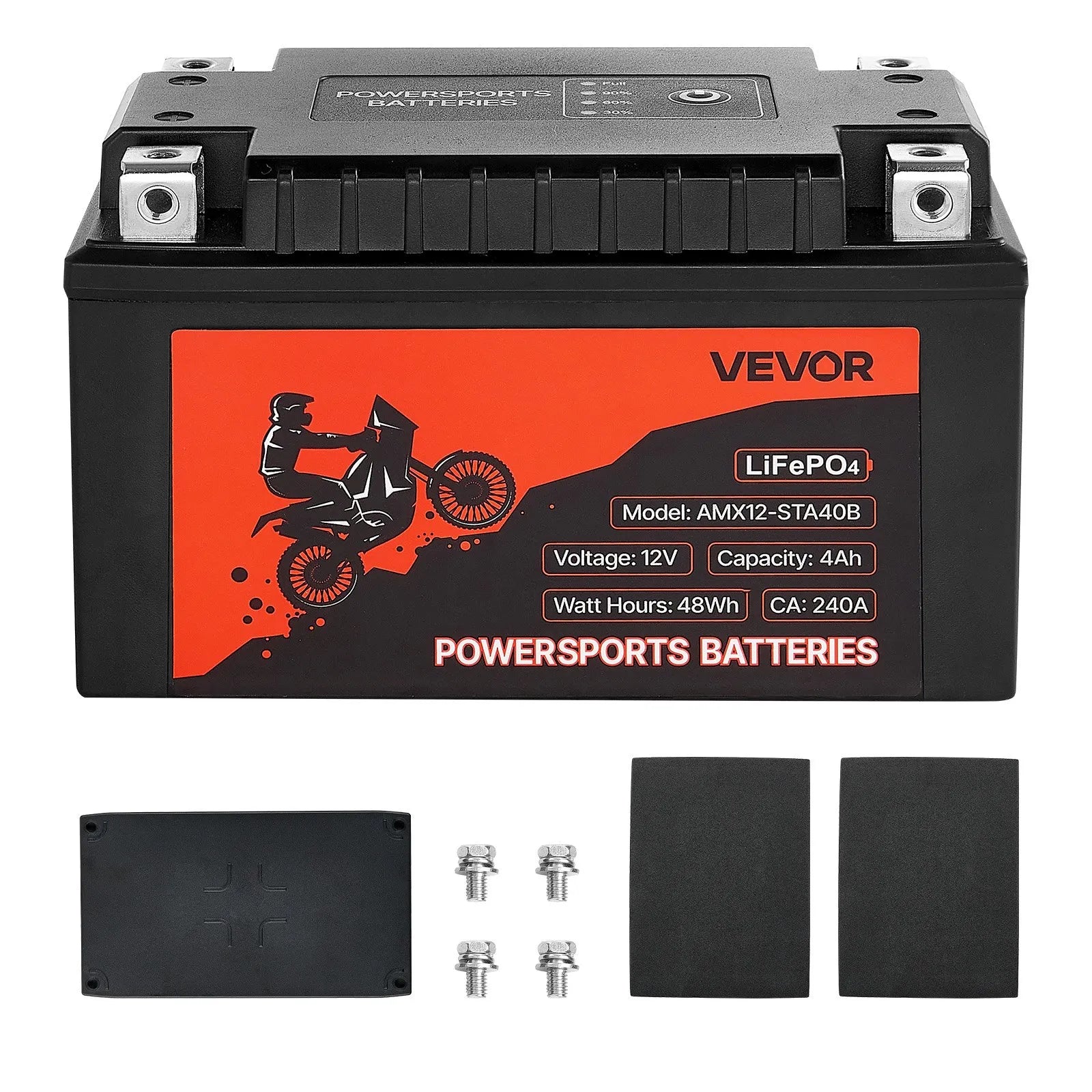 VEVOR motocikla akumulators 12 V 4 Ah LiFePO4 litija, iepriekš uzlādēts, bezapkopes, augstas veiktspējas, piemērots ATV, motocikliem, ūdens motocikliem, skūteriem, UTV un citiem transportlīdzekļiem