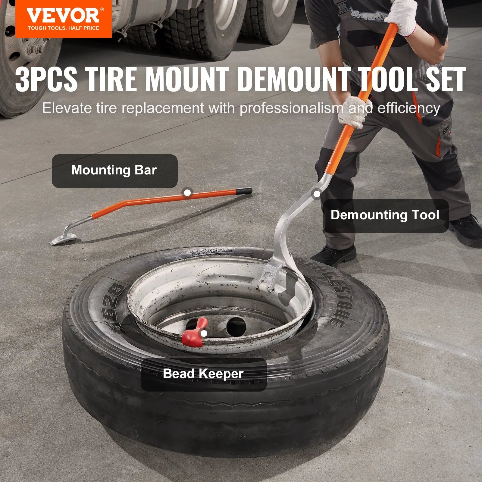 Kravas automobiļu riepu montāžas/demontāžas instruments – piemērots 571–622 mm riepām, radiālām, diagonālām un bezkameru riepām