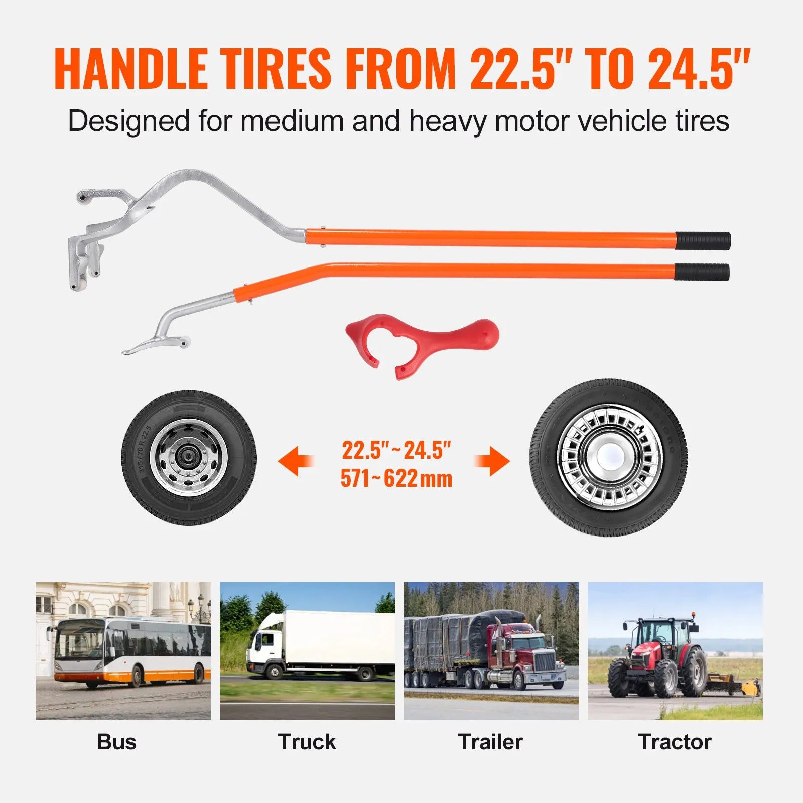 Kravas automobiļu riepu montāžas/demontāžas instruments – piemērots 571–622 mm riepām, radiālām, diagonālām un bezkameru riepām