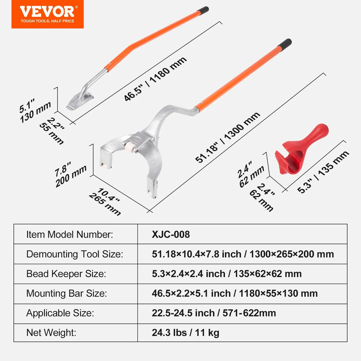 Kravas automobiļu riepu montāžas/demontāžas instruments – piemērots 571–622 mm riepām, radiālām, diagonālām un bezkameru riepām