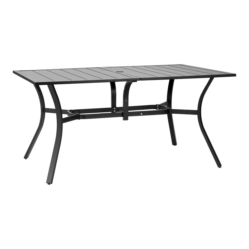 VEVOR āra ēdamgalds, 150 cm garš taisnstūra metāla dārza galds ar tērauda lamelēm 4–6 personām, ar 38 mm lietussarga atveri, laikapstākļu izturīgas mēbeles dārzam, terasei un pagalmam, melns