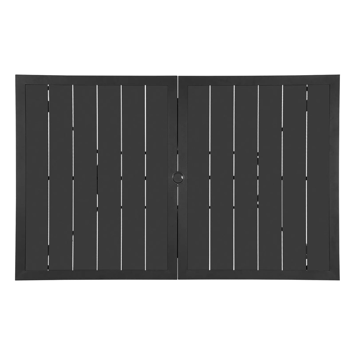 VEVOR āra ēdamgalds, 150 cm garš taisnstūra metāla dārza galds ar tērauda lamelēm 4–6 personām, ar 38 mm lietussarga atveri, laikapstākļu izturīgas mēbeles dārzam, terasei un pagalmam, melns