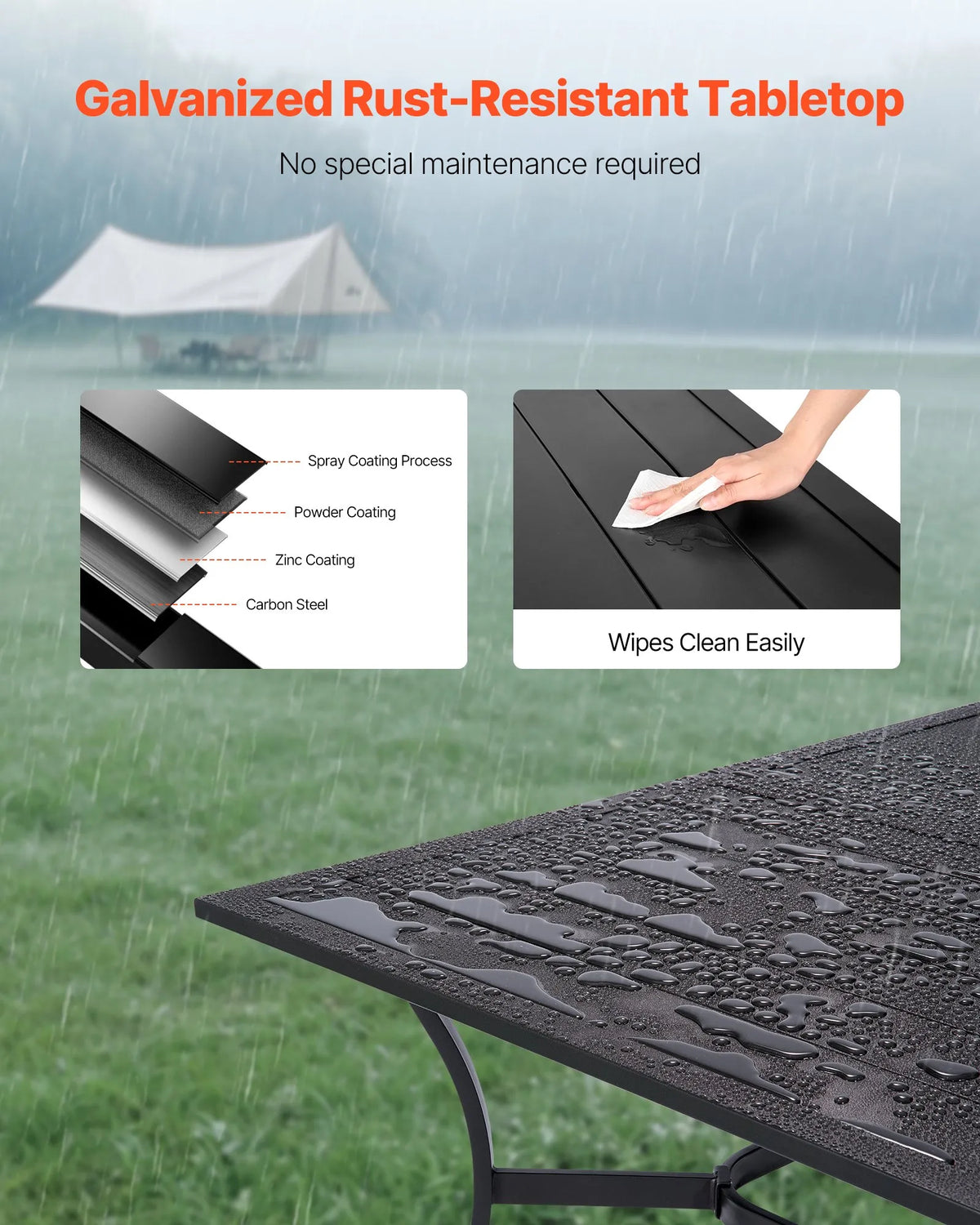 VEVOR āra ēdamgalds, 150 cm garš taisnstūra metāla dārza galds ar tērauda lamelēm 4–6 personām, ar 38 mm lietussarga atveri, laikapstākļu izturīgas mēbeles dārzam, terasei un pagalmam, melns