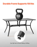 VEVOR āra ēdamgalds, 150 cm garš taisnstūra metāla dārza galds ar tērauda lamelēm 4–6 personām, ar 38 mm lietussarga atveri, laikapstākļu izturīgas mēbeles dārzam, terasei un pagalmam, melns