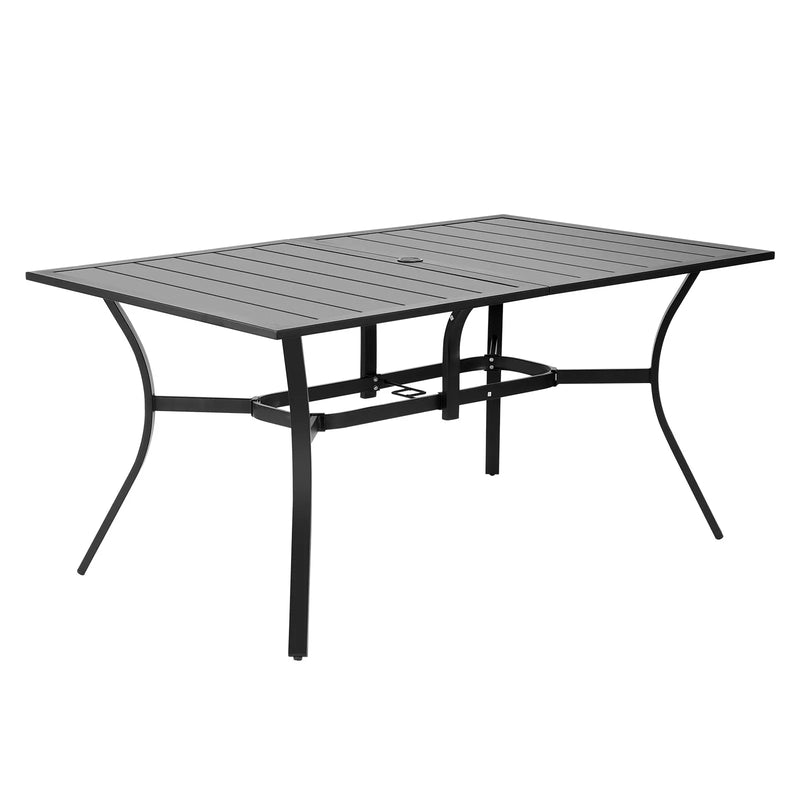 VEVOR āra ēdamgalds, 150 cm garš taisnstūra metāla dārza galds ar tērauda lamelēm 4–6 personām, ar 38 mm lietussarga atveri, laikapstākļu izturīgas mēbeles dārzam, terasei un pagalmam, melns