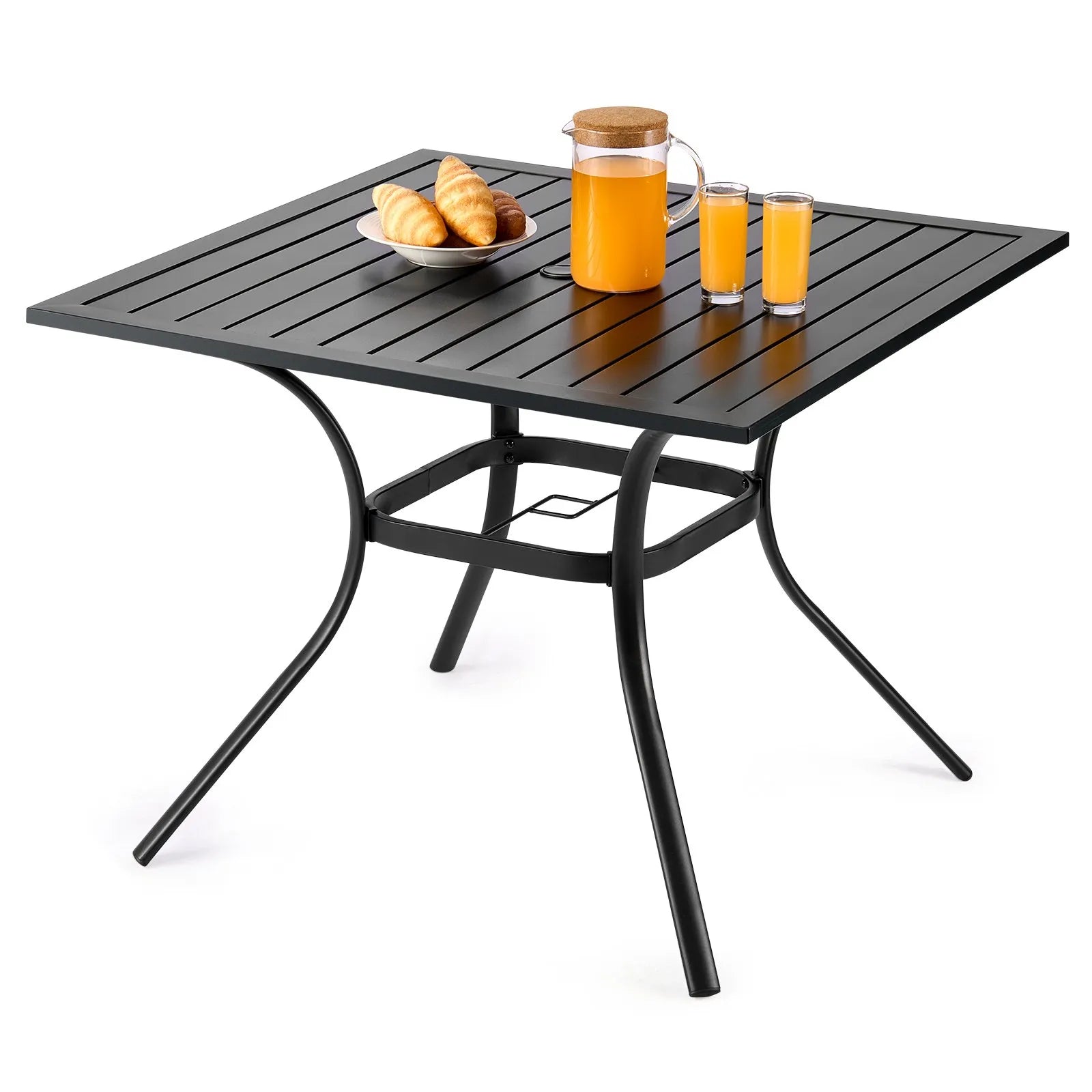 VEVOR āra metāla dārza galds, 94 cm kvadrātveida tērauda režģa bistro galds ar 38 mm saulessarga atveri, piemērots lietošanai dārzā, terasē vai pagalmā, melns
