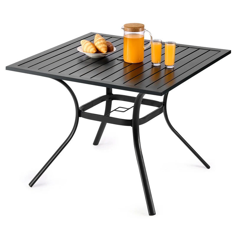 VEVOR āra metāla dārza galds, 94 cm kvadrātveida tērauda režģa bistro galds ar 38 mm saulessarga atveri, piemērots lietošanai dārzā, terasē vai pagalmā, melns