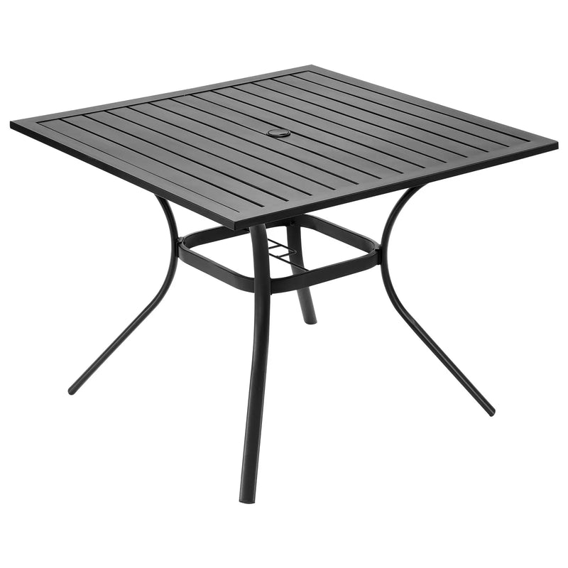 VEVOR āra metāla dārza galds, 94 cm kvadrātveida tērauda režģa bistro galds ar 38 mm saulessarga atveri, piemērots lietošanai dārzā, terasē vai pagalmā, melns