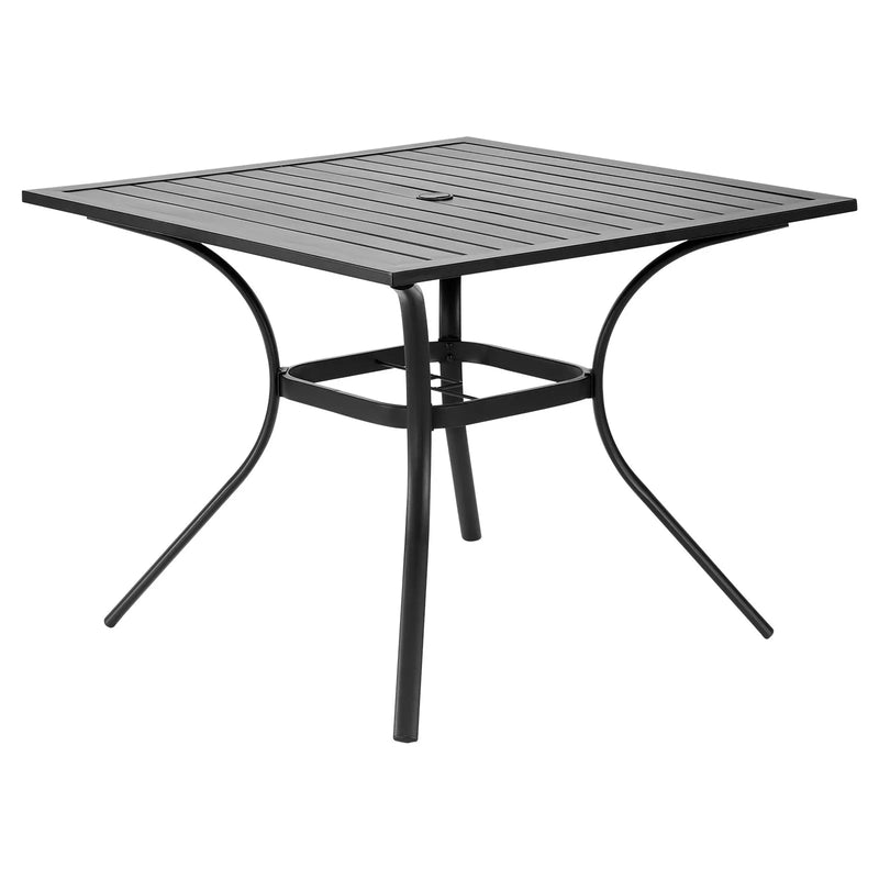 VEVOR āra metāla dārza galds, 94 cm kvadrātveida tērauda režģa bistro galds ar 38 mm saulessarga atveri, piemērots lietošanai dārzā, terasē vai pagalmā, melns