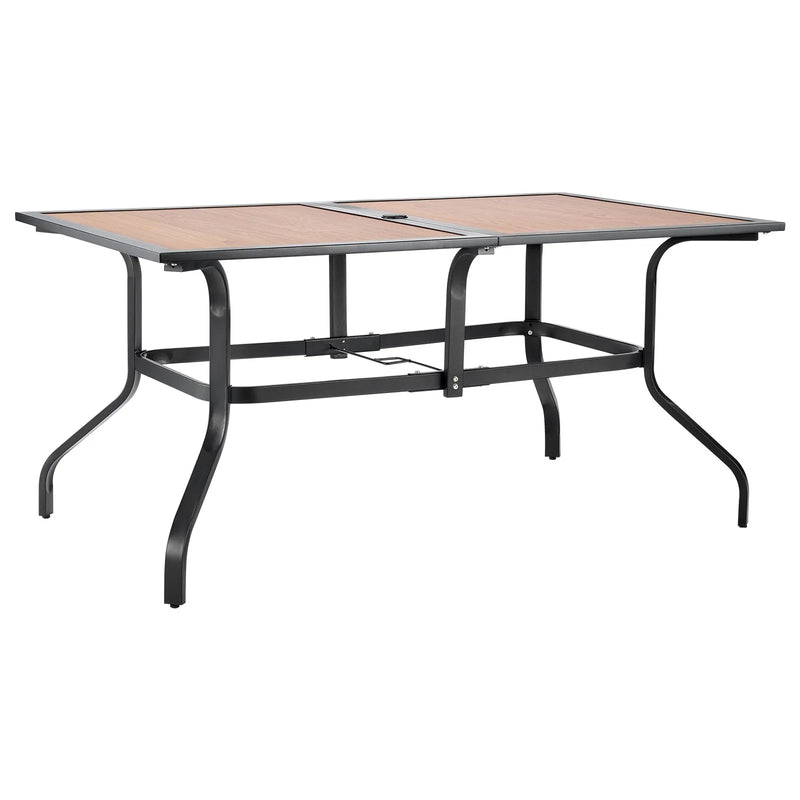 VEVOR āra terases galds, 150 cm taisnstūra tērauda galds ar koka imitācijas virsmu, piemērots 4–6 personām, ar 38 mm saulessarga atveri, laikapstākļu izturīgs dārza un lieveņa galds, brūns