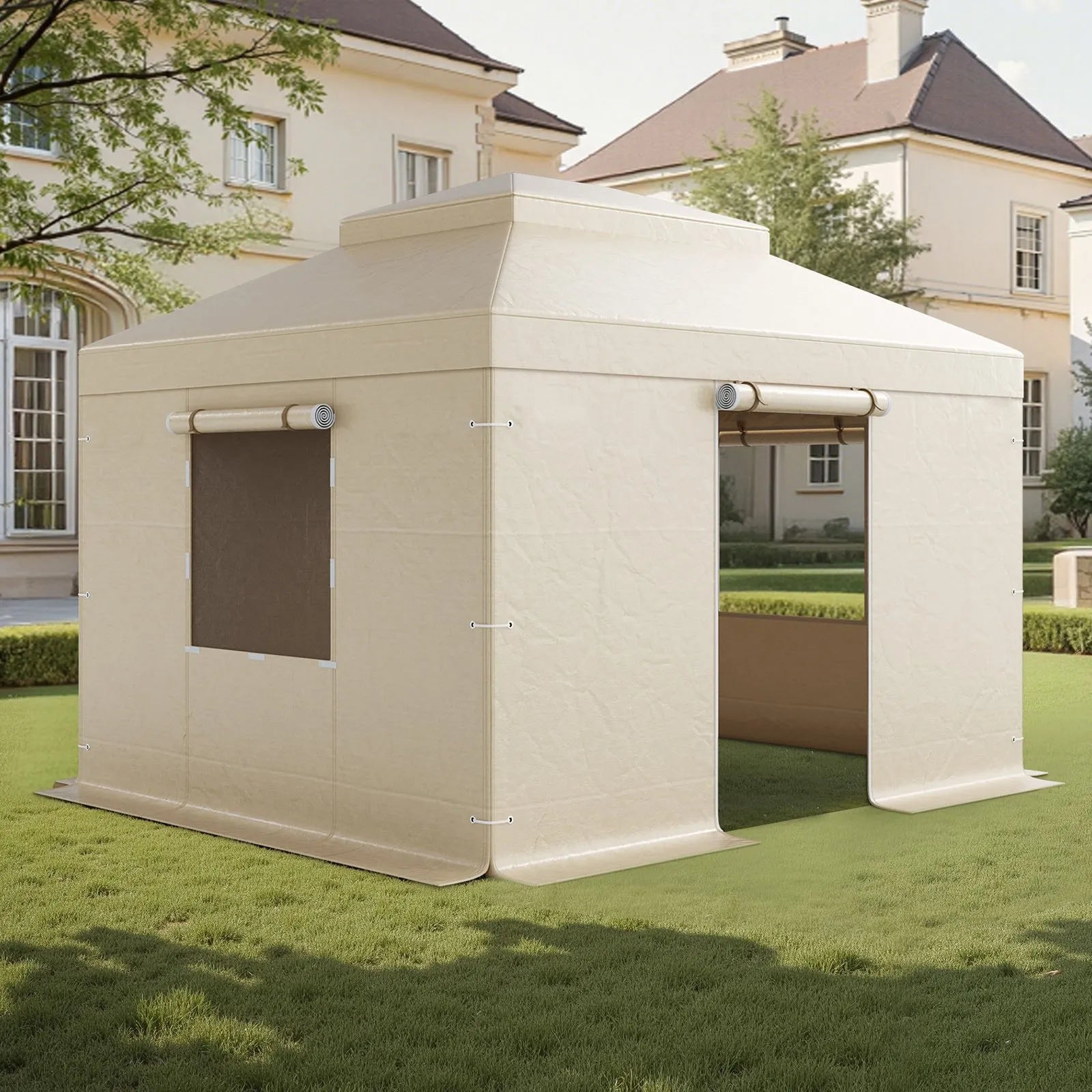 Ziemas paviljona pārsegs, piemērots 3,05 × 3,65 m cietā jumta paviljoniem, divslāņu, ar sienām un logiem, augstas blīvuma PE materiāls