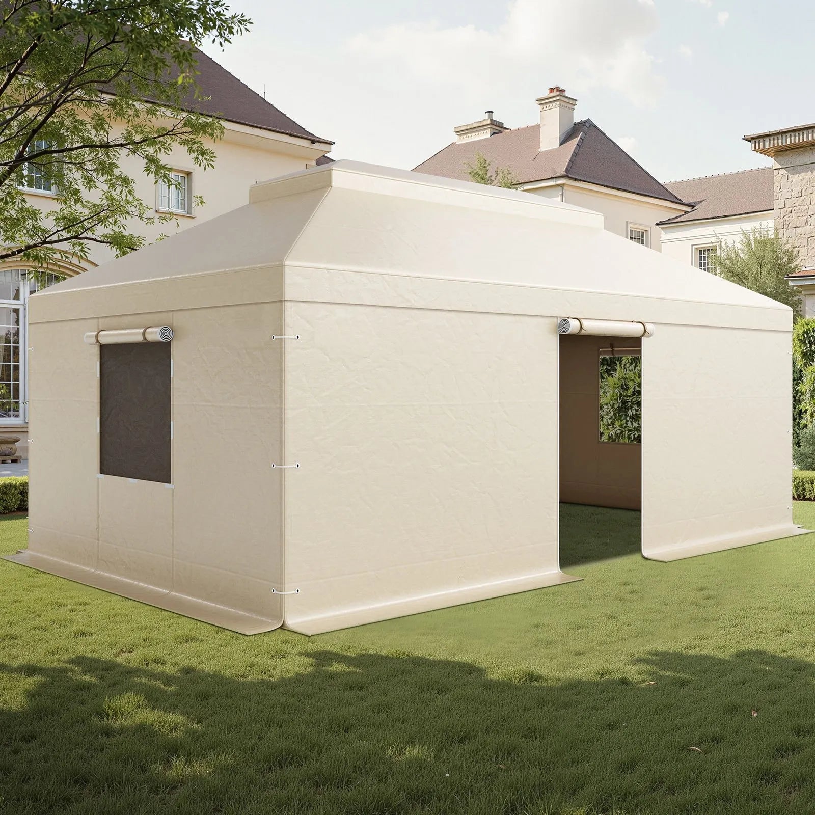 Ziemas paviljona pārsegs, piemērots 3,66 × 6,10 m cietā jumta paviljoniem, divslāņu, ar sienām un sieta logiem, augstas blīvuma PE materiāls