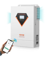 VEVOR hibrīdais saules invertors 6000 W, viss vienā tīras sinusoidās strāvas invertors–lādētājs, 48 V DC uz vienfāzes 220–230 V AC, ar iebūvētu 120 A MPPT saules kontrolieri, paredzēts autonomām sistēmām ar svina-skābes un litija akumulatoriem
