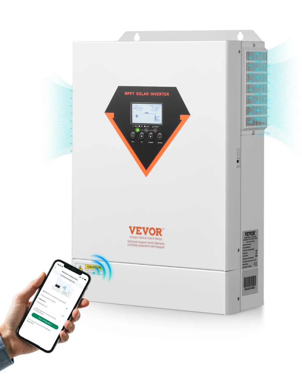 VEVOR hibrīdais saules invertors 6000 W, viss vienā tīras sinusoidās strāvas invertors–lādētājs, 48 V DC uz vienfāzes 220–230 V AC, ar iebūvētu 120 A MPPT saules kontrolieri, paredzēts autonomām sistēmām ar svina-skābes un litija akumulatoriem