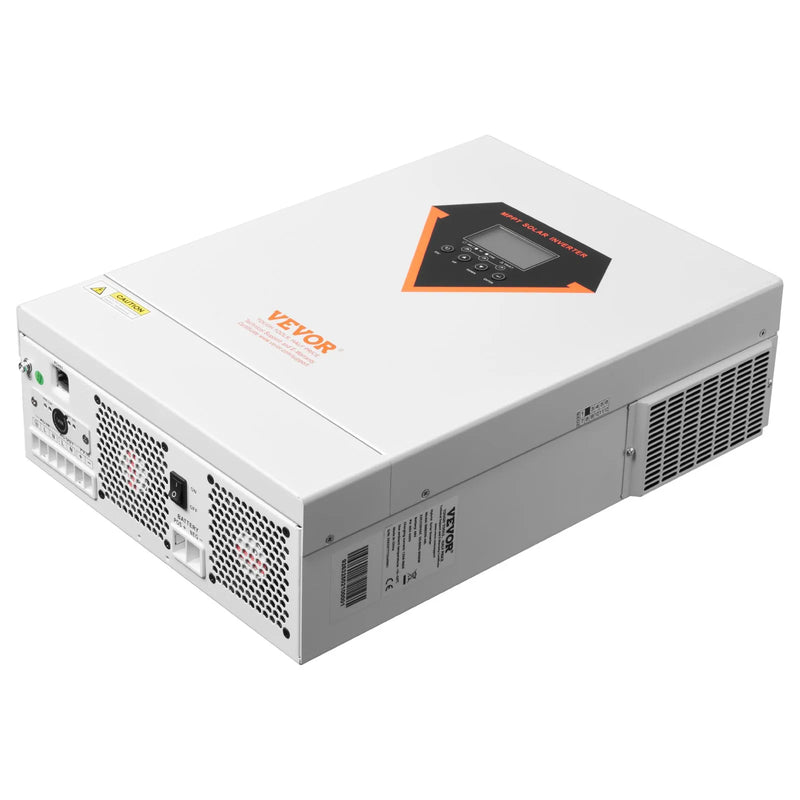 VEVOR hibrīdais saules invertors 6000 W, viss vienā tīras sinusoidās strāvas invertors–lādētājs, 48 V DC uz vienfāzes 220–230 V AC, ar iebūvētu 120 A MPPT saules kontrolieri, paredzēts autonomām sistēmām ar svina-skābes un litija akumulatoriem