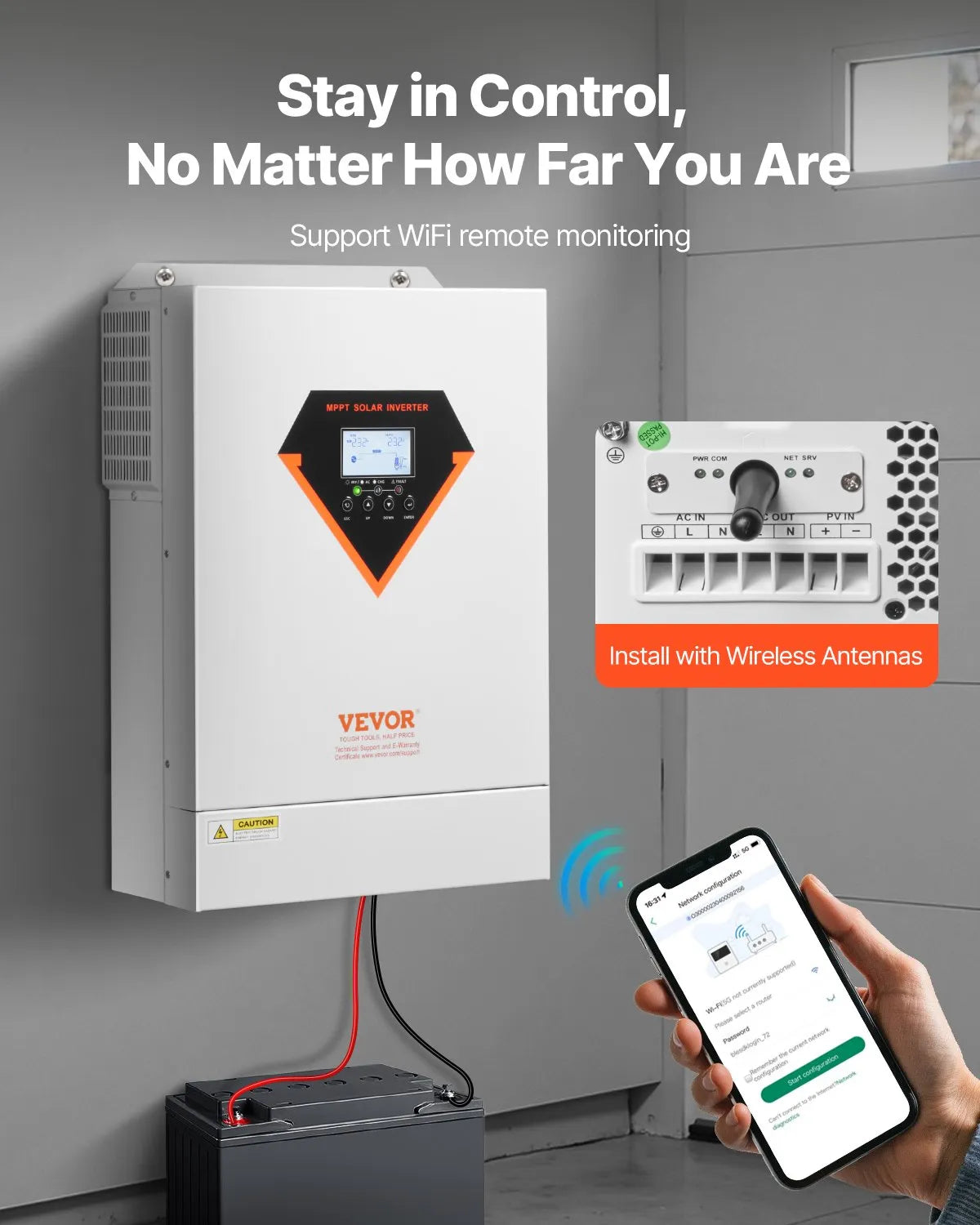 VEVOR hibrīdais saules invertors 6000 W, viss vienā tīras sinusoidās strāvas invertors–lādētājs, 48 V DC uz vienfāzes 220–230 V AC, ar iebūvētu 120 A MPPT saules kontrolieri, paredzēts autonomām sistēmām ar svina-skābes un litija akumulatoriem