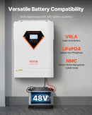 VEVOR hibrīdais saules invertors 6000 W, viss vienā tīras sinusoidās strāvas invertors–lādētājs, 48 V DC uz vienfāzes 220–230 V AC, ar iebūvētu 120 A MPPT saules kontrolieri, paredzēts autonomām sistēmām ar svina-skābes un litija akumulatoriem