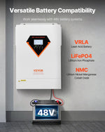 VEVOR hibrīdais saules invertors 6000 W, viss vienā tīras sinusoidās strāvas invertors–lādētājs, 48 V DC uz vienfāzes 220–230 V AC, ar iebūvētu 120 A MPPT saules kontrolieri, paredzēts autonomām sistēmām ar svina-skābes un litija akumulatoriem