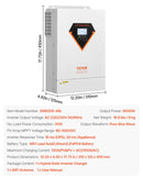 VEVOR hibrīdais saules invertors 6000 W, viss vienā tīras sinusoidās strāvas invertors–lādētājs, 48 V DC uz vienfāzes 220–230 V AC, ar iebūvētu 120 A MPPT saules kontrolieri, paredzēts autonomām sistēmām ar svina-skābes un litija akumulatoriem
