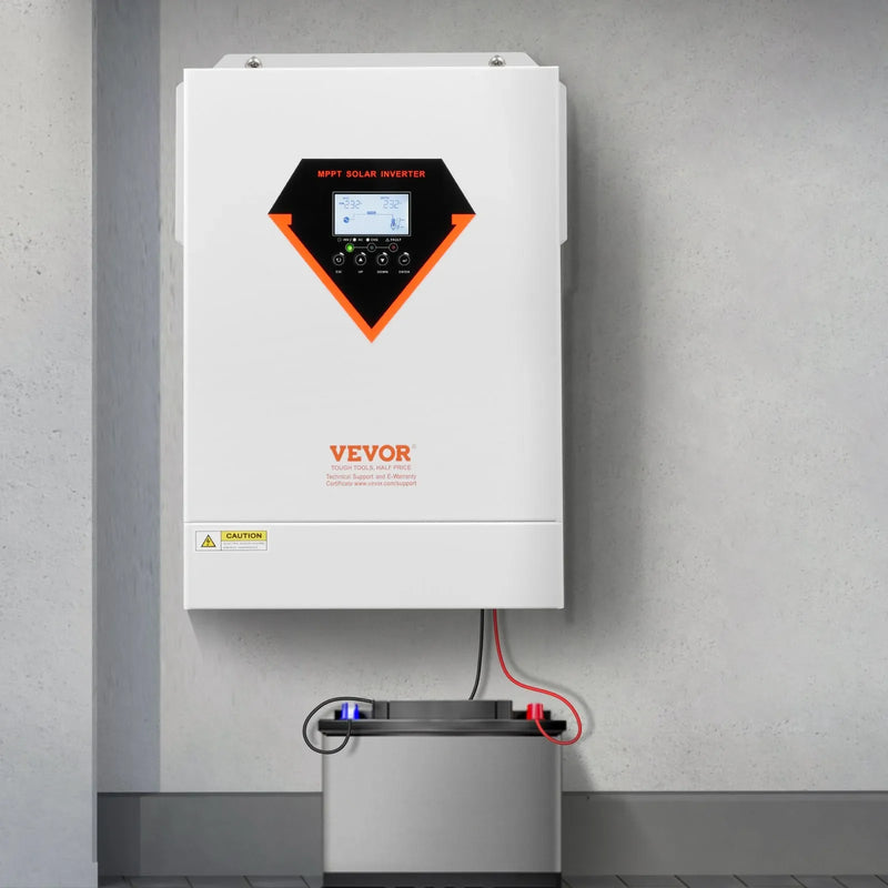 VEVOR hibrīdais saules invertors 6000 W, viss vienā tīras sinusoidās strāvas invertors–lādētājs, 48 V DC uz vienfāzes 220–230 V AC, ar iebūvētu 120 A MPPT saules kontrolieri, paredzēts autonomām sistēmām ar svina-skābes un litija akumulatoriem