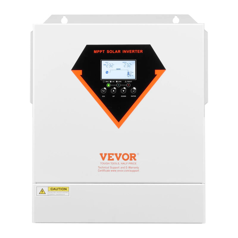 VEVOR hibrīdais saules invertors 3500 W, viss vienā tīras sinusoidās strāvas invertors–lādētājs, 24 V DC uz vienfāzes 220–230 V AC, ar iebūvētu 100 A MPPT saules kontrolieri, paredzēts autonomām sistēmām ar svina-skābes un litija akumulatoriem
