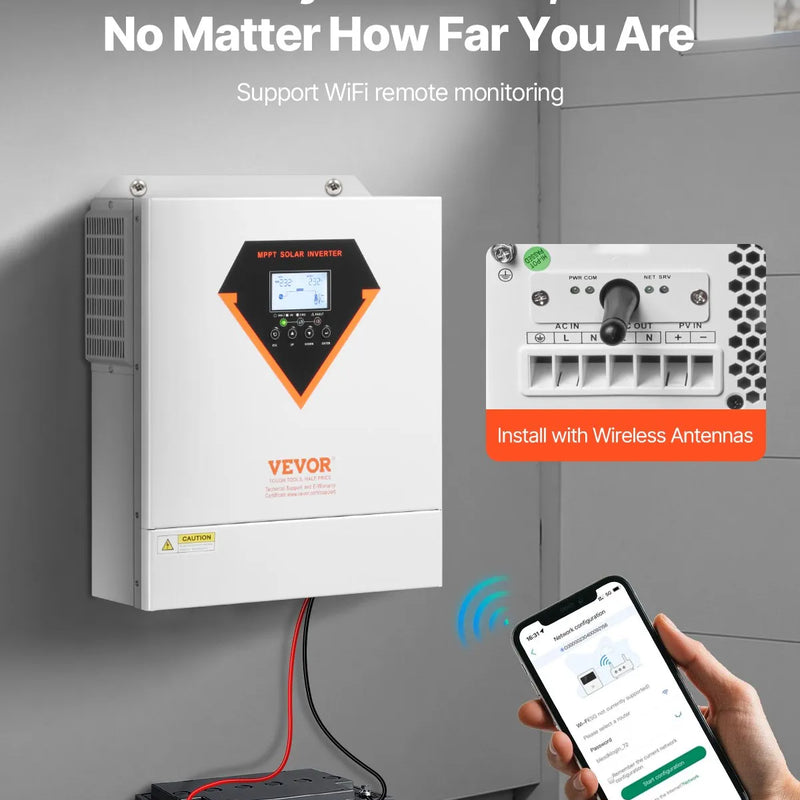 VEVOR hibrīdais saules invertors 3500 W, viss vienā tīras sinusoidās strāvas invertors–lādētājs, 24 V DC uz vienfāzes 220–230 V AC, ar iebūvētu 100 A MPPT saules kontrolieri, paredzēts autonomām sistēmām ar svina-skābes un litija akumulatoriem
