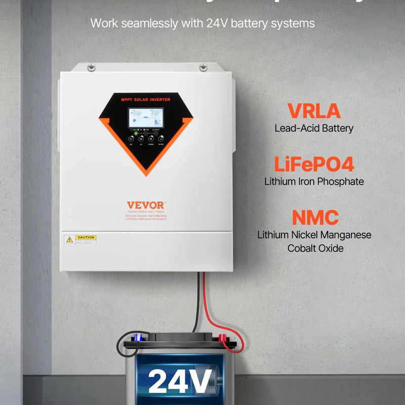 VEVOR hibrīdais saules invertors 3500 W, viss vienā tīras sinusoidās strāvas invertors–lādētājs, 24 V DC uz vienfāzes 220–230 V AC, ar iebūvētu 100 A MPPT saules kontrolieri, paredzēts autonomām sistēmām ar svina-skābes un litija akumulatoriem