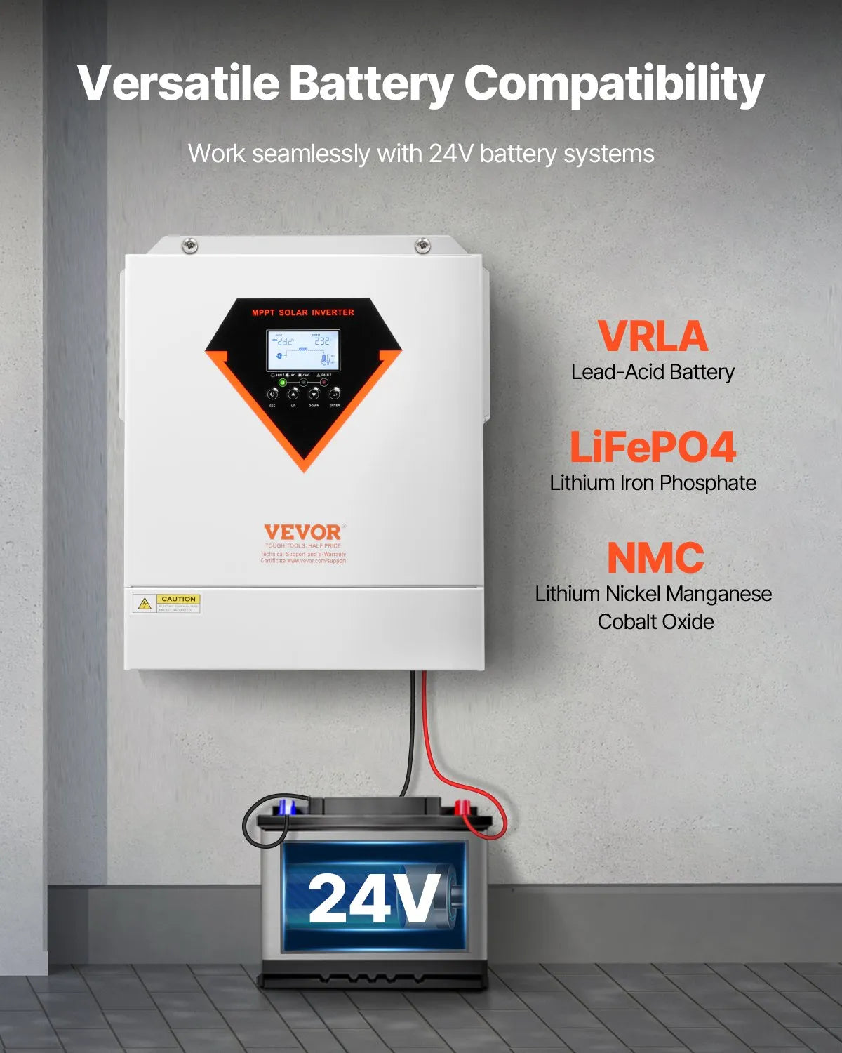VEVOR hibrīdais saules invertors 3500 W, viss vienā tīras sinusoidās strāvas invertors–lādētājs, 24 V DC uz vienfāzes 220–230 V AC, ar iebūvētu 100 A MPPT saules kontrolieri, paredzēts autonomām sistēmām ar svina-skābes un litija akumulatoriem